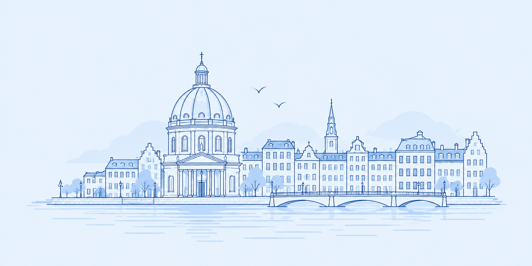 Blue line illustration of Marmorkirken’s dome in a stylised Copenhagen skyline