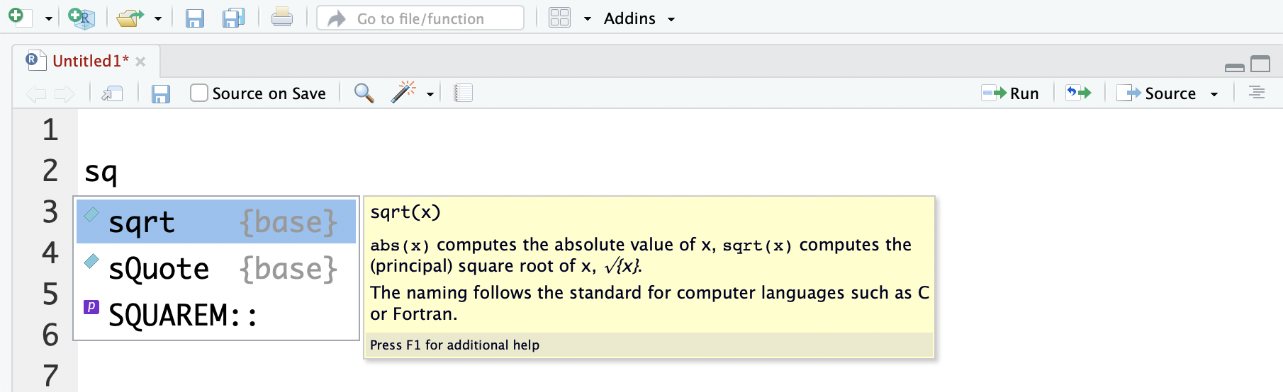 Autocomplete searching for square root function using the 'Tab' key.