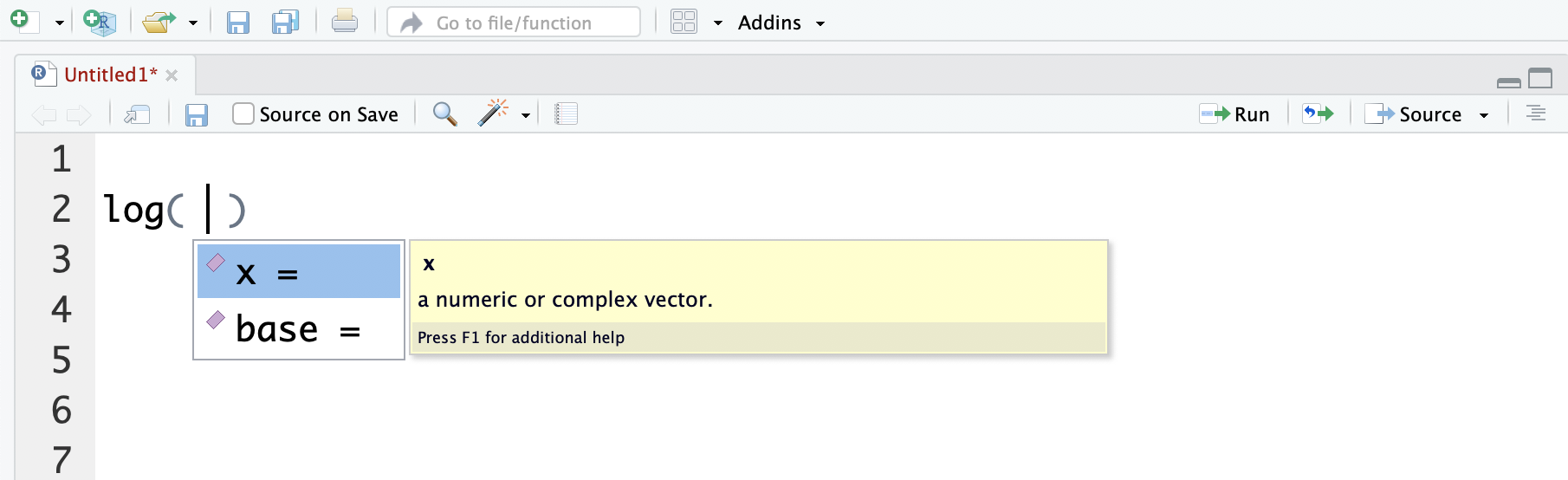 Autocomplete searching for the names of arguments to the log function using the 'Tab' key.