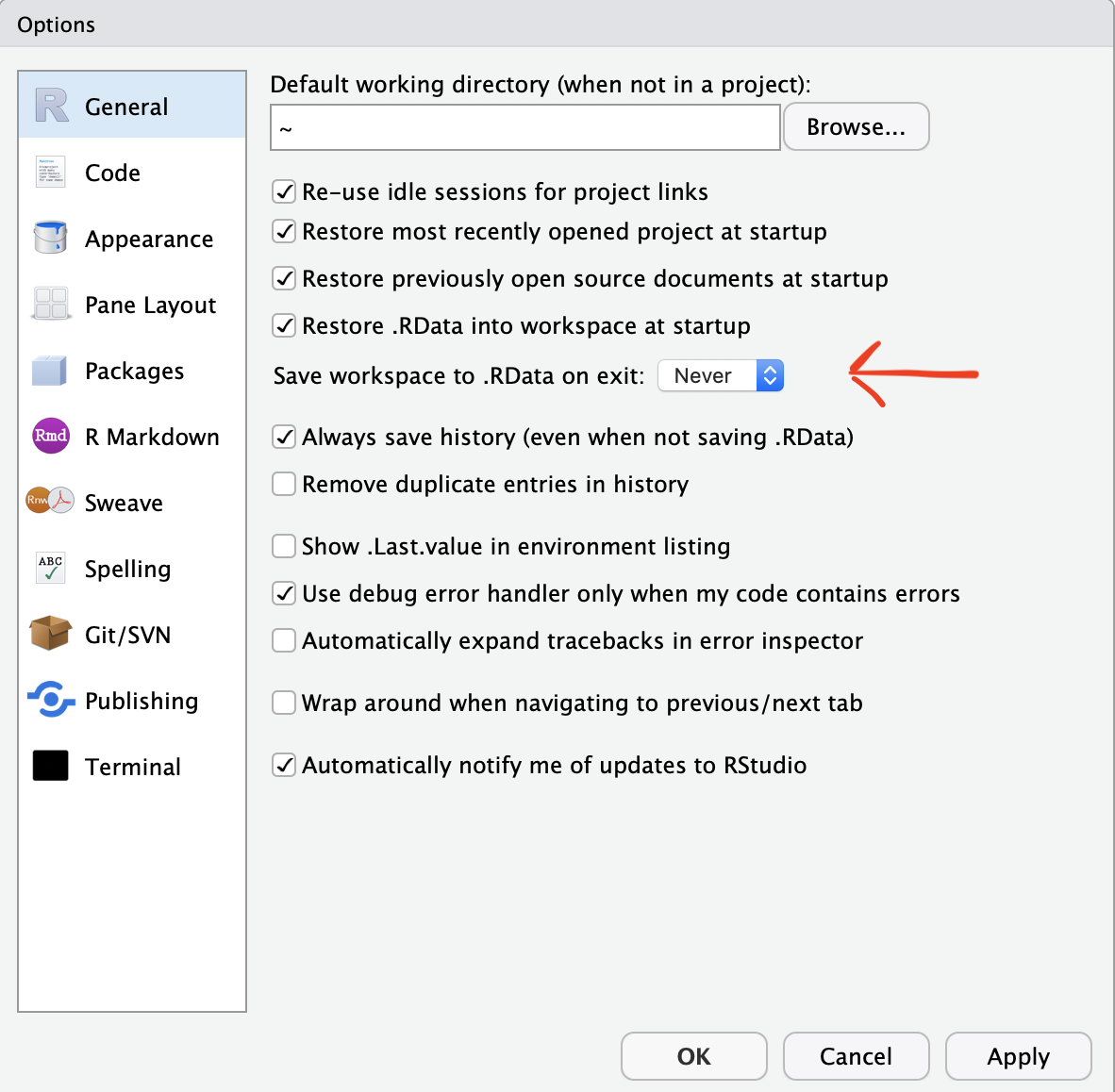 The window used to change preferences, here specifying that R should never promt whether to save the workspace on exit.